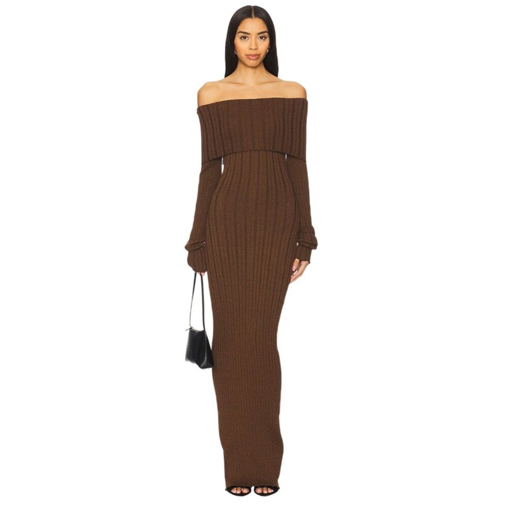 SNDYS Baha Off The Shoulder Maxi Dress in Cocoa Medium New Womens Long Gown